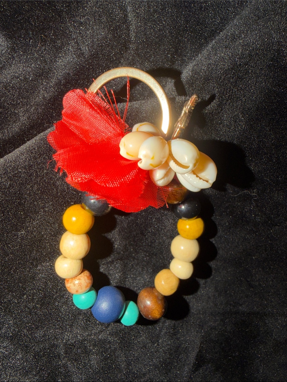 Beaded Keychain bracelet  with Shells and Red Fabric Flower size xs